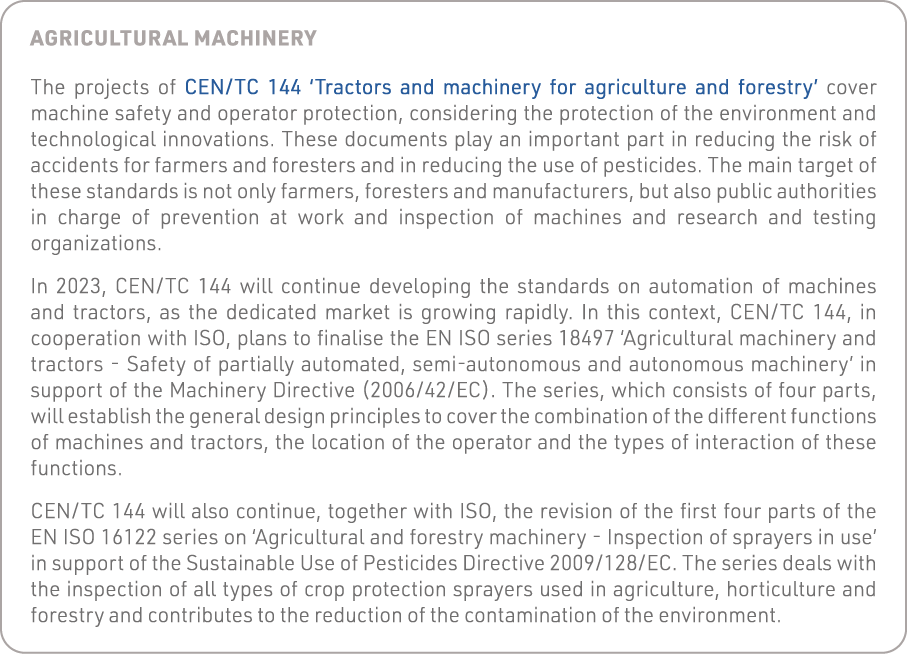 Agricultural machinery The projects of CEN TC 144  Tractors and machinery for agriculture and forestry  cover machine   