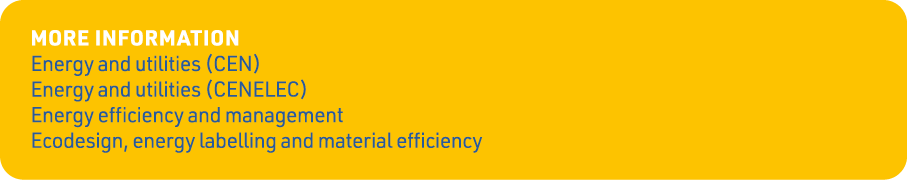 More information Energy and utilities (CEN) Energy and utilities (CENELEC) Energy efficiency and management Ecodesign   
