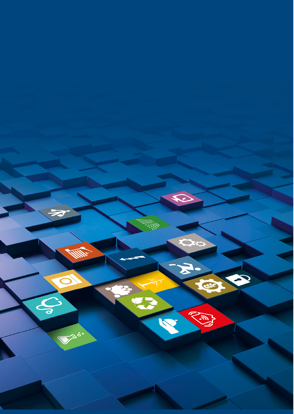 Cover image with an abstract rendition of blue and coloured boxes, representing the different sectors of CEN and CENELEC s work 