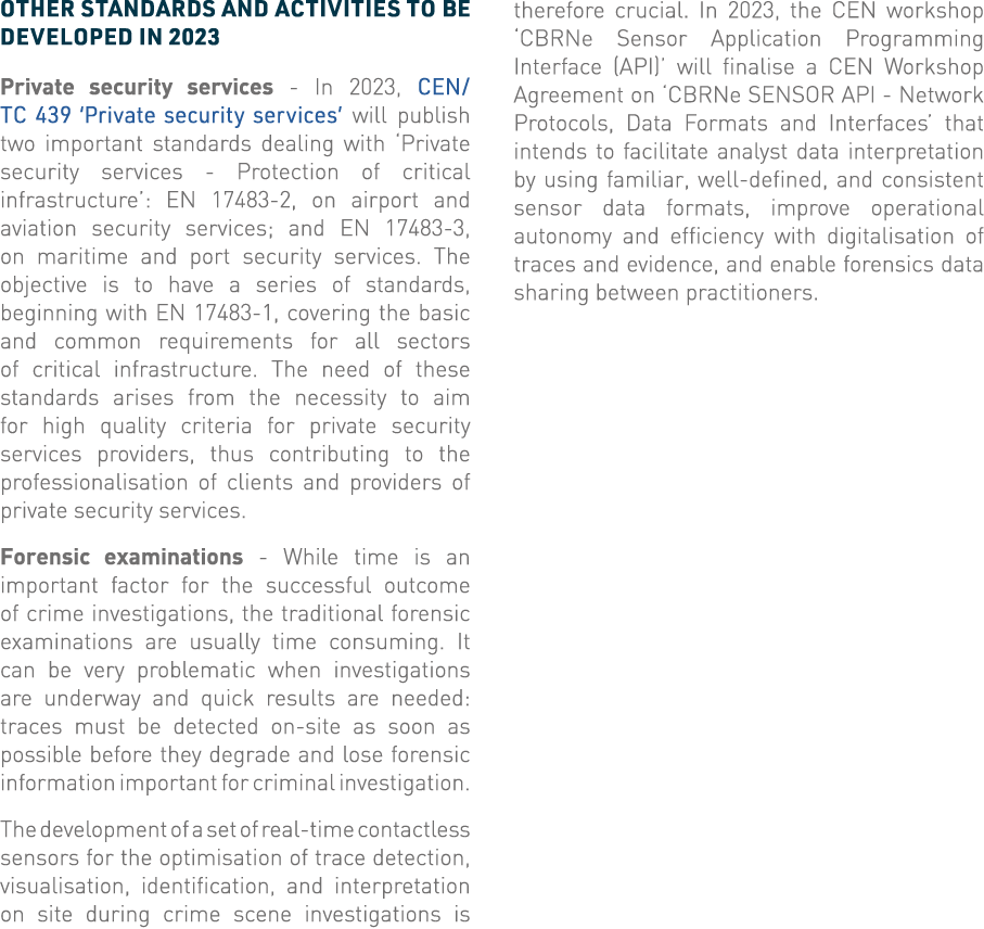 Other standards and activities to be developed in 2023 Private security services - In 2023, CEN TC 439  Private secur   
