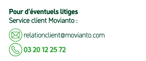 Pour d’ ventuels litiges Service client Movianto : ￼ relationclient@movianto.com ￼ 03 20 12 25 72