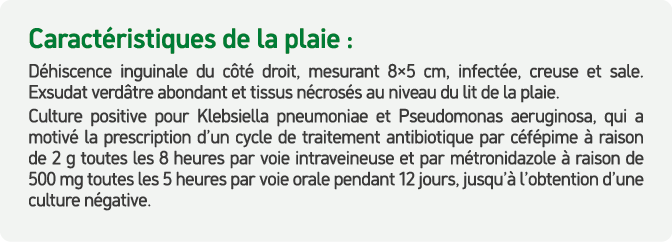 Caract ristiques de la plaie : D hiscence inguinale du c t droit, mesurant 8×5 cm, infect e, creuse et sale. Exsudat...