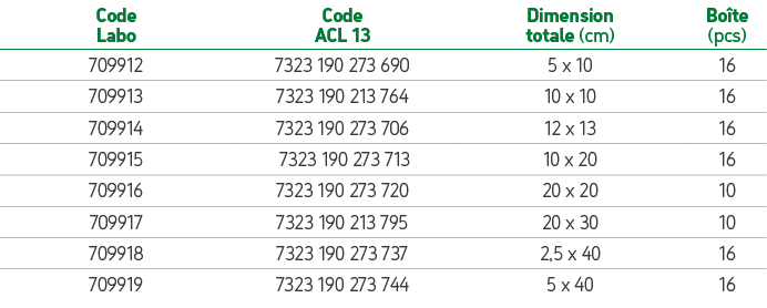 Code Labo,Code ACL 13,Dimension totale (cm),Bo te (pcs),709912,7323 190 273 690,5 x 10,16,709913,7323 190 213 764,10 ...