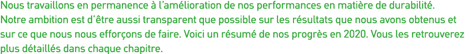 Nous travaillons en permanence à l amélioration de nos performances en matière de durabilité  Notre ambition est d êt   
