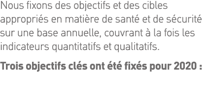 Nous fixons des objectifs et des cibles appropriés en matière de santé et de sécurité sur une base annuelle, couvrant   