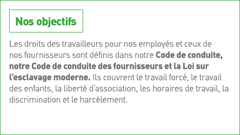  Les droits des travailleurs pour nos employés et ceux de nos fournisseurs sont définis dans notre Code de conduite,    