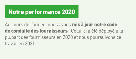  Au cours de l année, nous avons mis à jour notre code de conduite des fournisseurs  Celui-ci a été déployé à la plup   