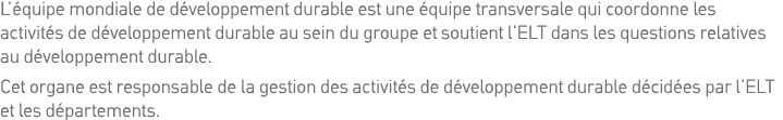 L équipe mondiale de développement durable est une équipe transversale qui coordonne les activités de développement d   