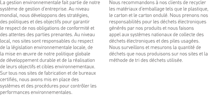La gestion environnementale fait partie de notre système de gestion d entreprise  Au niveau mondial, nous développons   