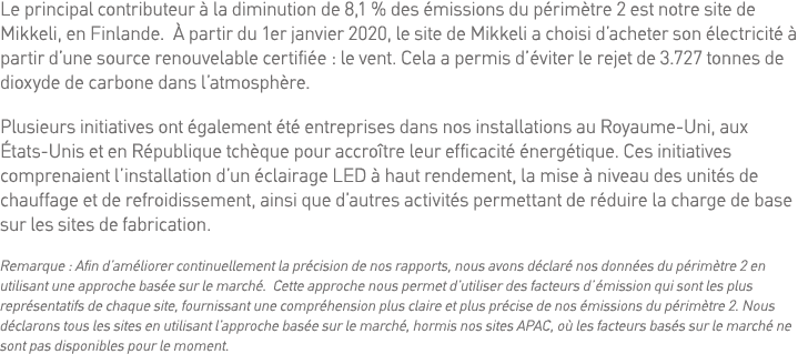 Le principal contributeur à la diminution de 8,1 % des émissions du périmètre 2 est notre site de Mikkeli, en Finland   