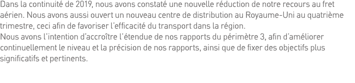 Dans la continuité de 2019, nous avons constaté une nouvelle réduction de notre recours au fret aérien  Nous avons au   