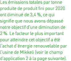 Les émissions totales par tonne produite de produit fini pour 2020 ont diminué de 3,4 %, ce qui signifie que nous avo   