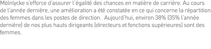 Mölnlycke s efforce d assurer l égalité des chances en matière de carrière  Au cours de l année dernière, une amélior   