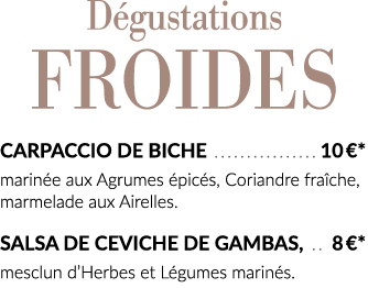 Dégustations froides Carpaccio de Biche  10  * marinée aux Agrumes épicés, Coriandre fraîche, marmelade aux Airelles    