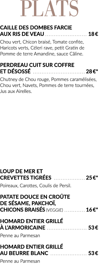 Plats Caille des Dombes farcie aux Ris de veau  18   Chou vert, Chicon braisé, Tomate confite, Haricots verts, Céleri   