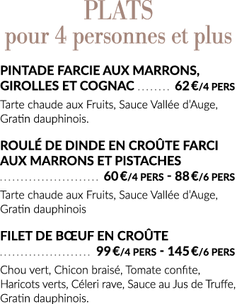 PLATS pour 4 personnes et plus Pintade farcie aux Marrons, Girolles et Cognac  62   4 pers Tarte chaude aux Fruits, S   