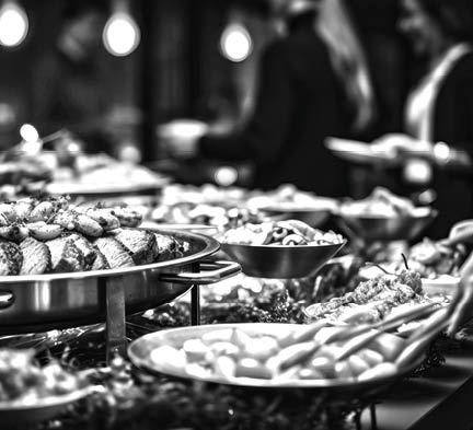 Group of people on catering buffet food indoor in restaurant with grilled meat  Buffet service for any festive event, party or wedding reception 