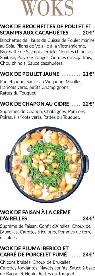 Woks Wok de brochettes de Poulet et Scampis aux Cacahuètes  20  *  Brochettes de Hauts de Cuisse de Poulet mariné au    