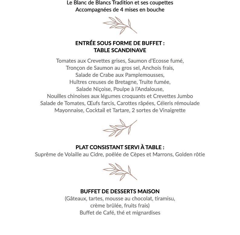 Le Blanc de Blancs Tradition et ses coupettes Accompagnées de 4 mises en bouche  Entrée sous forme de buffet : Table    