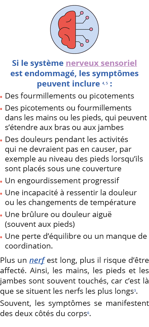  Si le système nerveux sensoriel est endommagé, les symptômes peuvent inclure 4, 5 : Des fourmillements ou picotement   