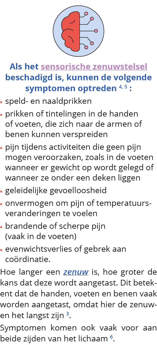   Als het sensorische zenuwstelsel beschadigd is, kunnen de volgende symptomen optreden 4, 5 :  speld- en naaldprikke   