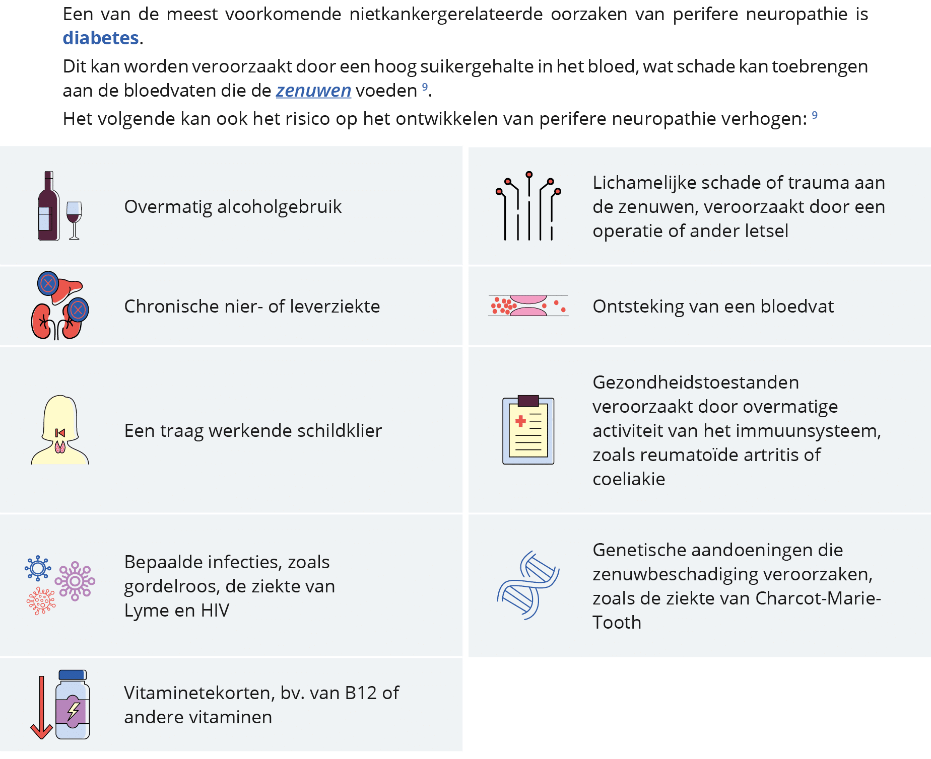  Een van de meest voorkomende nietkankergerelateerde oorzaken van perifere neuropathie is diabetes  Dit kan worden ve   