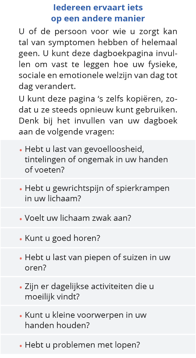  Iedereen ervaart iets op een andere manier U of de persoon voor wie u zorgt kan tal van symptomen hebben of helemaal   